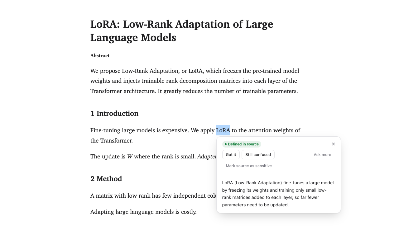 Harkback explaining LoRA in a paper, with the explanation card open