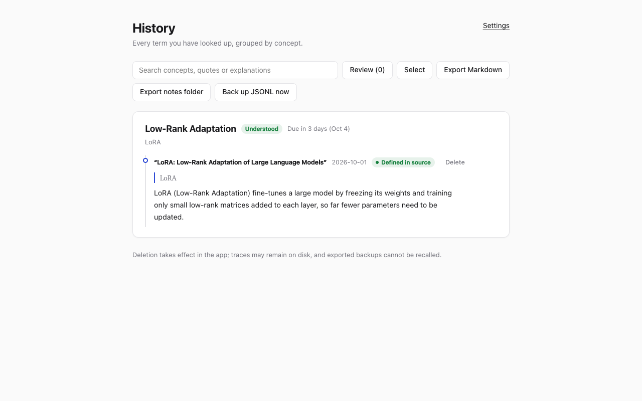 The history page listing every term looked up, grouped by concept