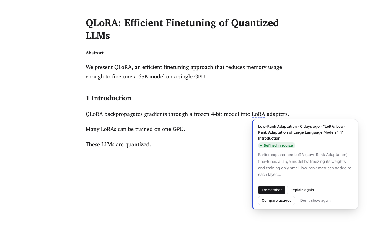 A later paper with LoRA underlined and a card showing the earlier explanation